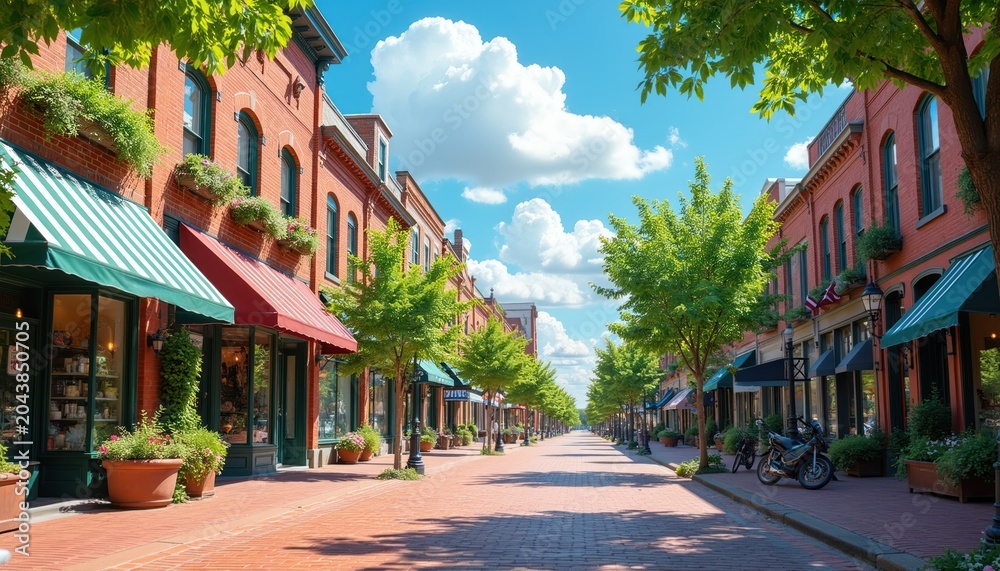 Fototapeta premium Brick buildings line sunny street with trees, shops. Cobblestone path leads into distance under blue sky with white clouds. Picturesque town scene invites exploration, enjoyment of local businesses,