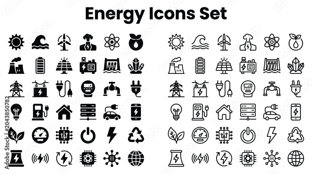 Fototapeta premium Energy icons set including various renewable sources and technology