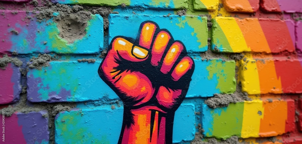 Obraz premium Fist raised in protest on rainbow brick wall. Symbol of unity, power, fight for rights. Graffiti art mural shows solidarity, resistance. Colorful background represents diversity, community support.