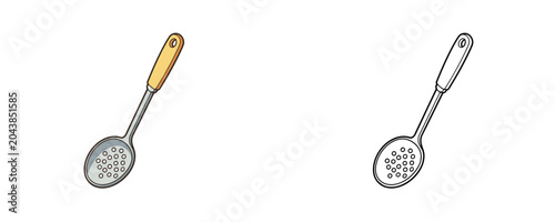Foto Cartoon slotted spoon illustrations in colored flat and black line styles kitche