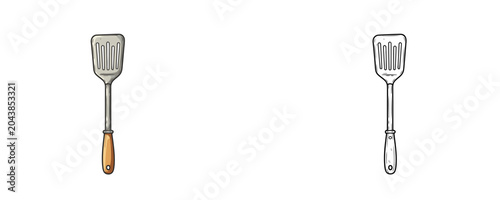 Fotografi Cartoon slotted spatula illustrations in black line and colored flat styles meta
