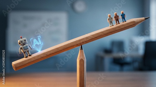 Miniature artificial intelligence robot and human workers are balanced on a pencil scale in a modern workspace.