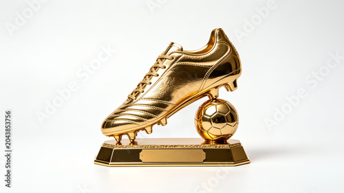 Golden boot soccer trophy with a football on a base isolated on a clean white background, award for top scorer or championship.