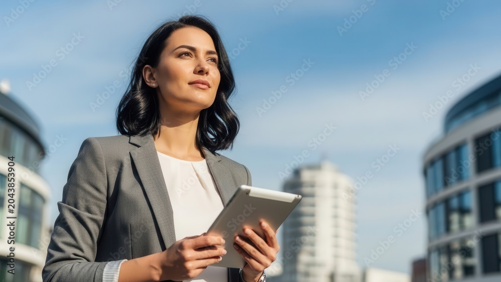 Fototapeta premium Woman Business Professional Holding Tablet Outdoors
