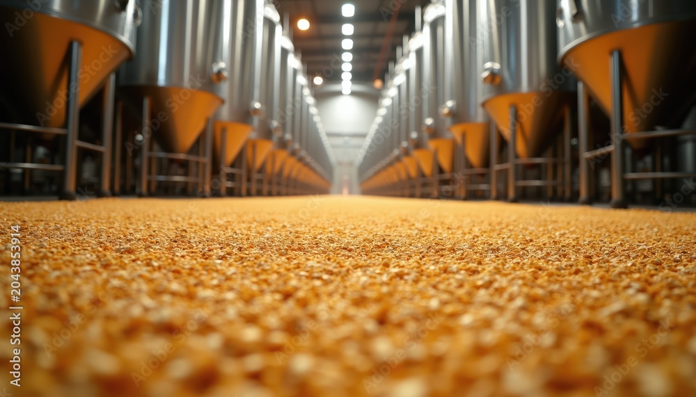 Fototapeta premium Golden barley covers brewery floor near steel fermentation tanks. Industrial beverage production, agriculture grain processing. Craft beer making process interior.