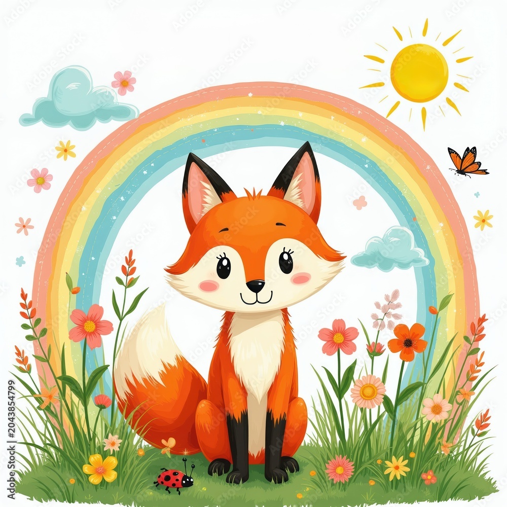 Naklejka premium Cute cartoon fox sits in field of flowers under rainbow and sun. Ladybug and butterfly fly around. Perfect for kids books and nature themes.