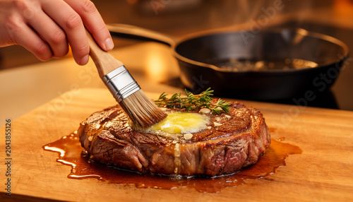 Close up of a chef hand using a culinary brush to baste a thick juicy beef steak with melted butter and fragrant herbs on a hot wooden board with smoke and warm dramatic lighting