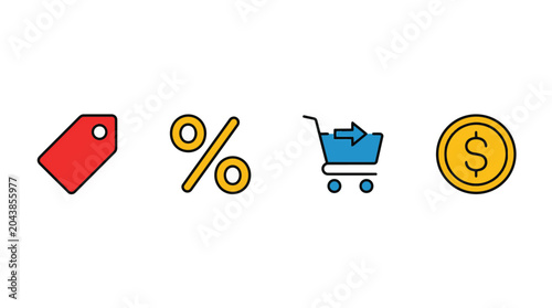 Set of colorful shopping icons including price tag percent cart and dollar coin.