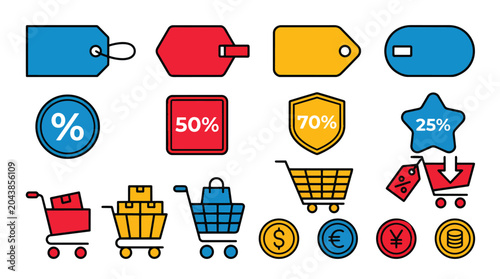 Set of colorful shopping and e-commerce icons including price tags discount badges and shopping carts.