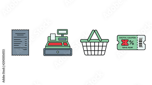 Set of shopping and retail flat icons including receipt cash register basket and coupon.