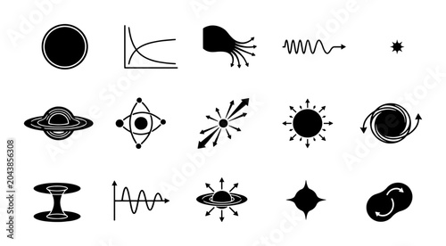 Schilderij op canvas Quantum physics icons set, 15 black science vector elements, astrophysics and nu