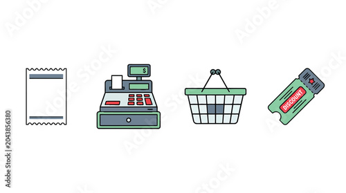 Set of shopping and retail icons including receipt cash register basket and ticket.