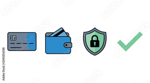 Secure Payment and Financial Security Icon Set Featuring Credit Card Wallet Shield and Checkmark.