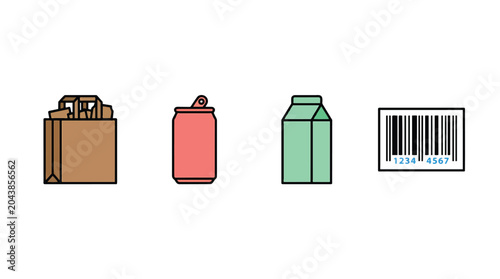 Set of four colorful grocery icons featuring a paper shopping bag red soda can green milk carton and a barcode.