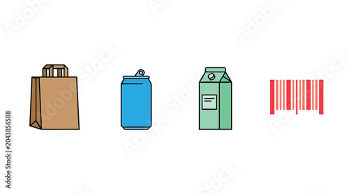 Set of flat vector icons for grocery shopping including paper bag soda can milk carton and barcode.