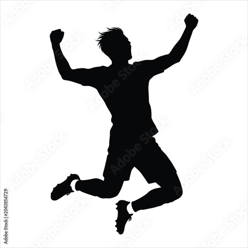 Bild auf Leinwand A black silhouette of a soccer player jumping in mid-air to celebrate a victory, isolated on a white background