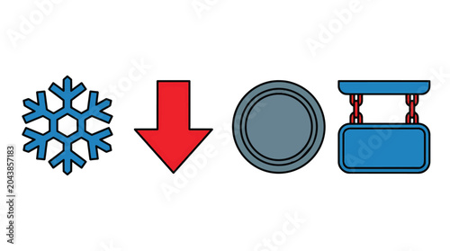 Set of colorful vector icons including snowflake red arrow circular plate and hanging blue sign.