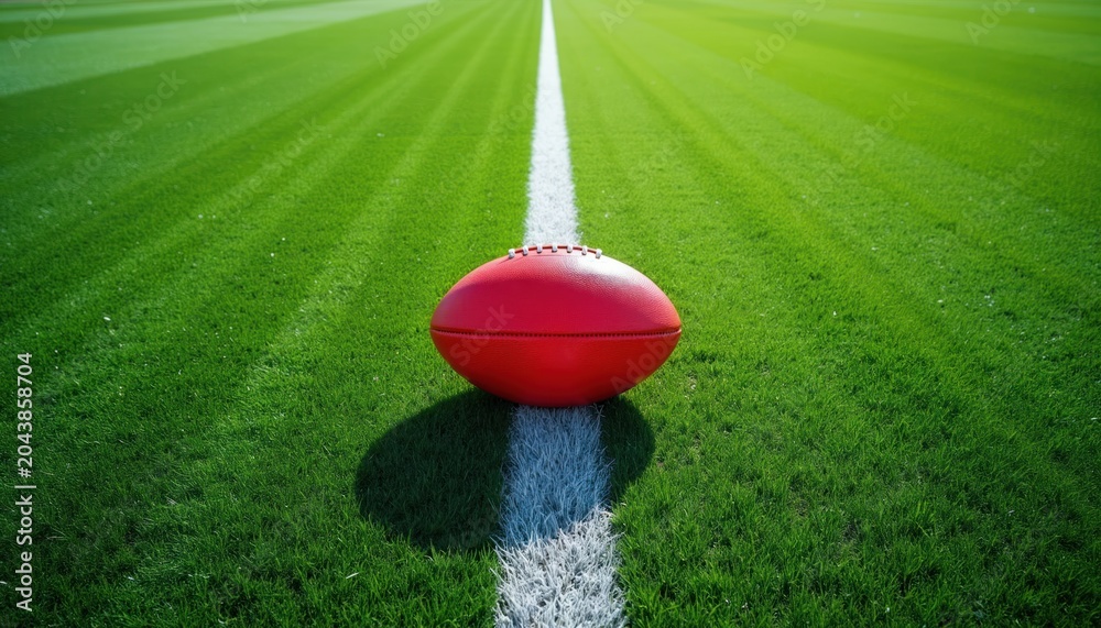 Fototapeta premium Red Australian Rules Football sits on a bright green field lined with white. The ball is centered on the line in a close-up shot on a sunny day.
