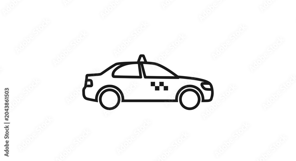 Fototapeta premium Simple black line art icon of a taxi car with a checkered pattern on the door
