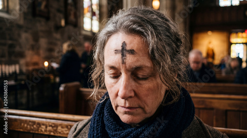 Woman praying in a church on Ash Wednesday.