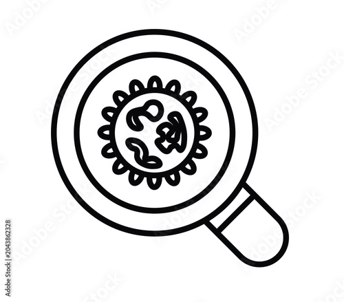 Black and White Icon of Magnifying Glass Inspecting Virus or Bacteria for Medical and Scientific Concepts