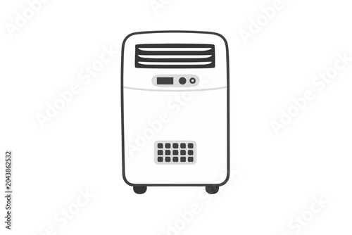 White portable AC unit with black vents, control panel and wheels, front view vector illustration isolated on transparent background for home cooling, climate appliance, ventilation designs