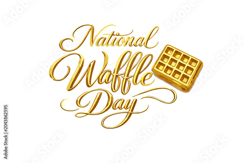Golden National Waffle Day lettering with shiny waffle icon, elegant calligraphy vector isolated on transparent background for holiday greeting, dessert celebration, poster and bakery design