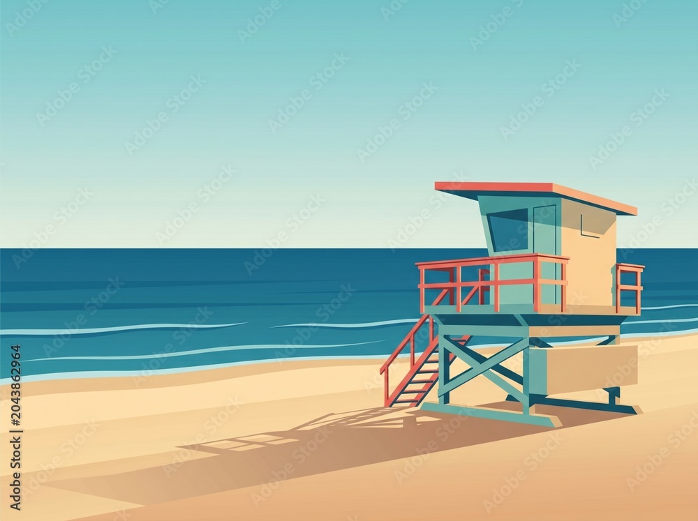 Obraz premium Lifeguard tower on empty beach with vast ocean horizon