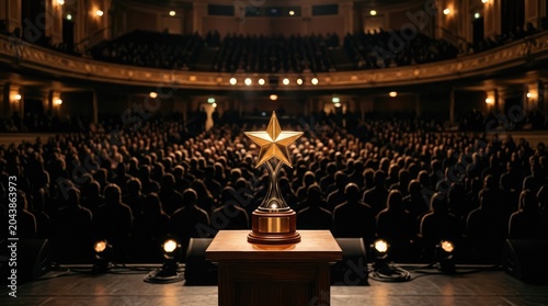 A Stage for Stars: A golden star trophy stands prominently on a podium center stage in a grand theater filled with an applauding audience, awaiting an award ceremony.