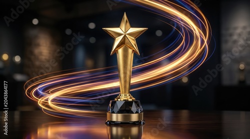 Golden Star Trophy with Swirling Light Trails: A prestigious golden star trophy stands proudly on a polished surface, surrounded by abstract, swirling light trails, symbolizing achievement.