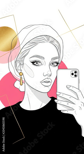 Stylish woman taking a selfie with smartphone on colorful background for fashion blogs, beauty websites, social media content, and digital art projects