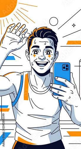 Happy young man taking a selfie in sporty attire with bright, colorful background for fitness blogs, social media, and lifestyle content