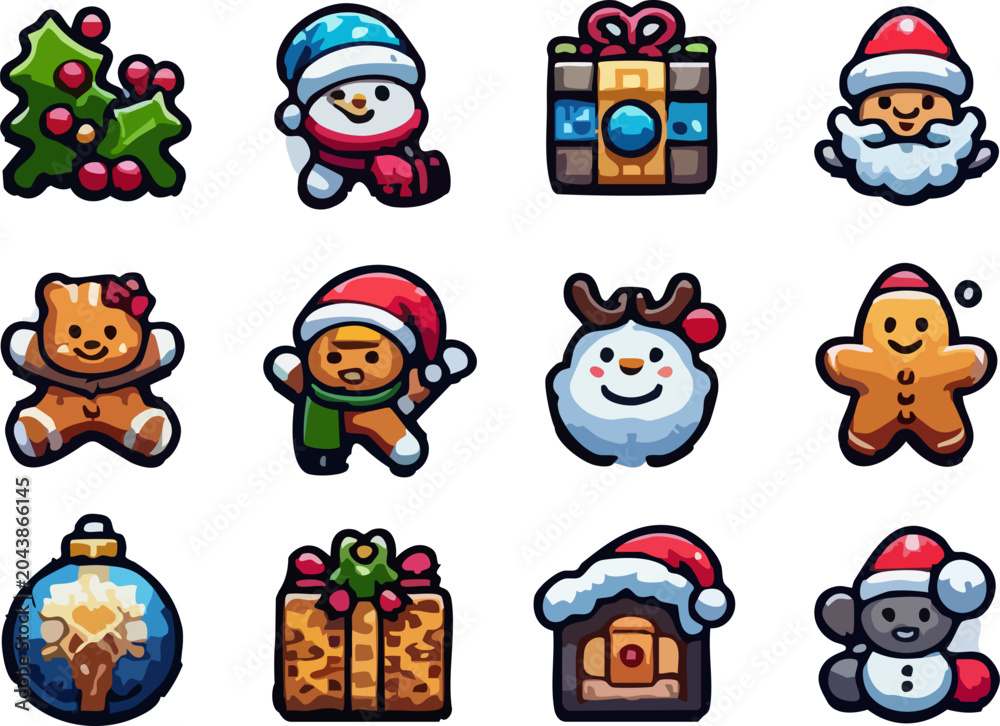 Fototapeta premium Highly Detailed Vector Art Set of Christmas Decorations in Cute Cartoon Style for Festive Holiday Branding and Winter Season Logo Simbol with Celebrations Aesthetic