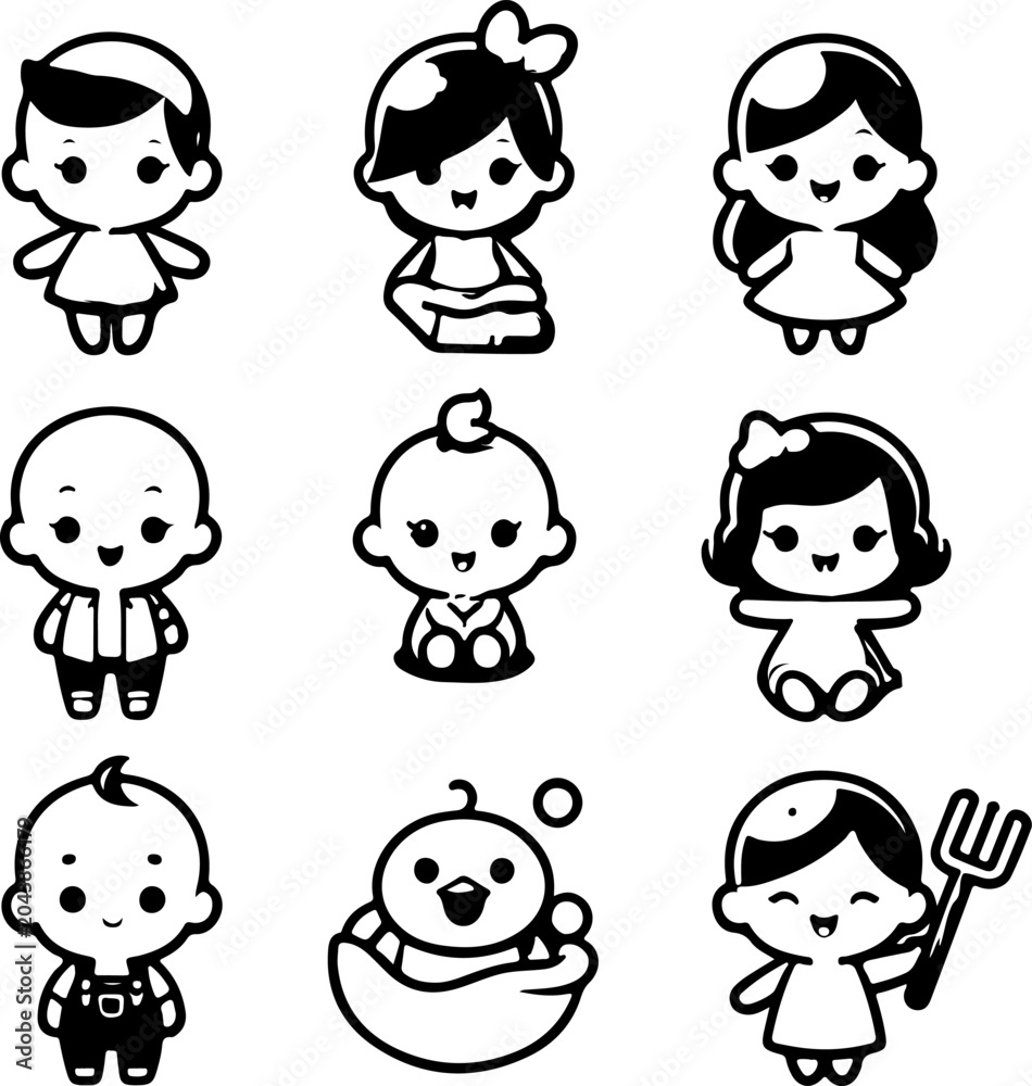 Fototapeta premium Highly Detailed Vector Art Set of Cute Baby Characters with Adorable Smile Face in Funny Style for Child Healthcare Branding and Nursery Icon Simbol Design