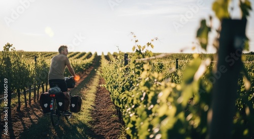 Man Cycling Through Vineyard at Sunset