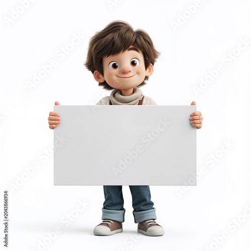Cheerful child holding a blank white signboard for custom copy space