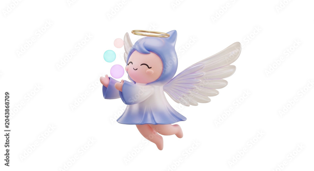 Obraz premium Cute blue angel blowing colorful bubbles