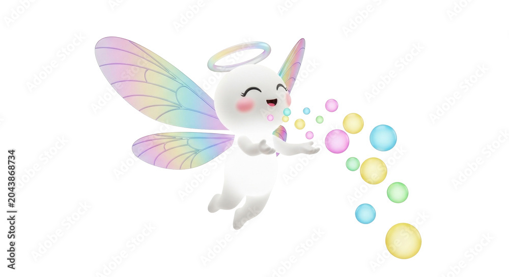 Obraz premium Cute cartoon angel blowing colorful bubbles