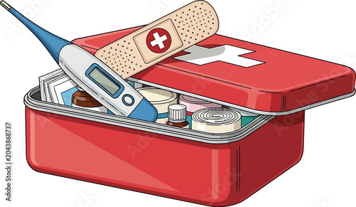 First aid kit with medical supplies and thermometer on top