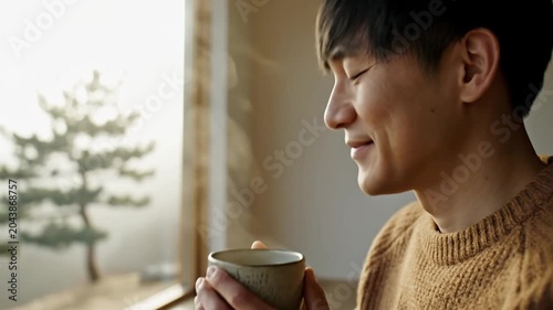 Person holding steaming mug looking out window