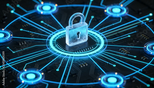 Cyber defense system visualization with padlock in the center of digital network and glowing blue neon connections, futuristic cybersecurity technology, secure data protection and information safety	