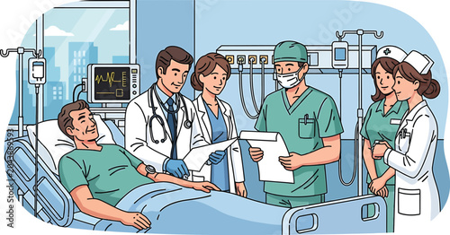 Medical team attending to a patient in a hospital setting with doctors and nurses working together