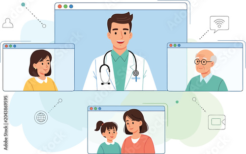 Doctor in virtual consultation with patients online