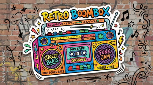 Foto Retro Boombox Sticker on Graffiti Brick Wall - 80s Music Vibe