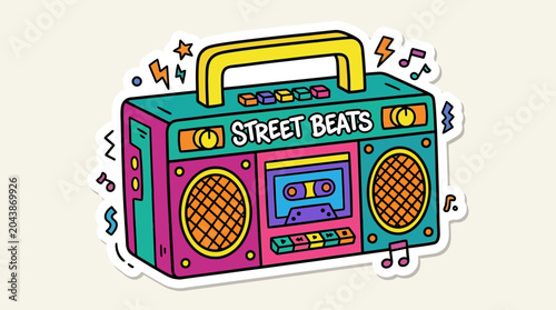 Billede på lærred Retro Boombox Sticker with Street Beats Text