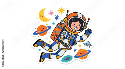Tableau sur toile Smiling Astronaut Floating in Outer Space with Planets and Moon