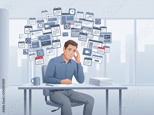 Overworked office employee overwhelmed by meeting schedule