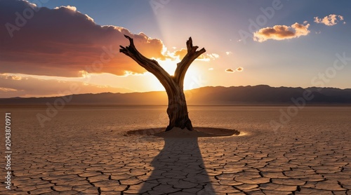 Solitary dead tree stands in cracked dry earth landscape at sunset. Desert land shows barrenness and survival against harsh dry climate. Sun rays shine through tree branches, sky colors change.