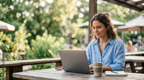 Young Caucasian woman working remotely on laptop at outdoor cafe table in summer