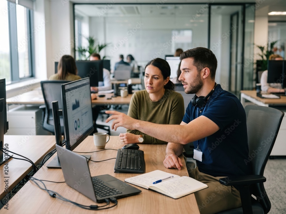 Fototapeta premium IT support technician assisting office worker at help desk